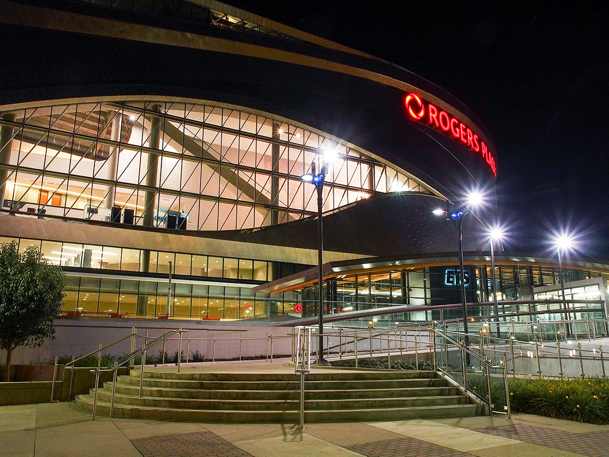 The MacEwan LRT station, serviced by the Metro Line, sits just north of Rogers Place. 