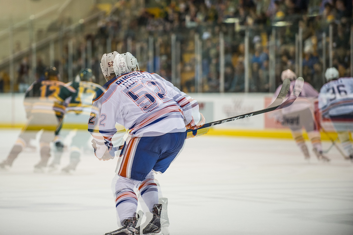 A double exposure of Oilers Rookies winger Patrick Russell.