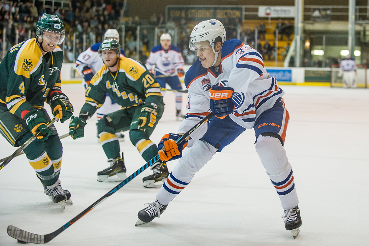 Oilers Rookies forward Jesse Puljujarvi sticks his tongue out.