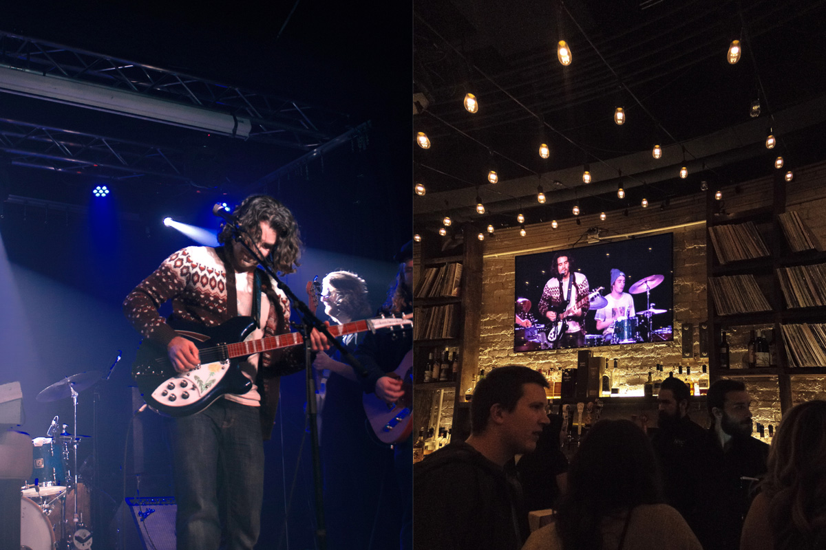 (Left) Midway through Jesse and the Dandelions' opening set, a fire alarm started blaring through the venue in metronomic pulses; quick on his feet, lead singer Northey diffused the tension by strumming in time with the bleeps. (Right) Oh, you wanted to buy a drink but you're afraid of missing the performance? Luckily, live-streaming HD television sets are a thing in the 21st century. What a fine life we are living!