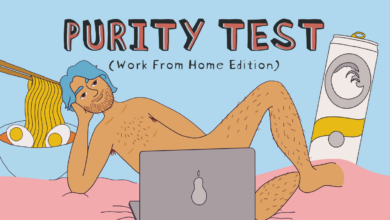 The Purity Test banner: a naked man is tastefully covered up by a laptop.
