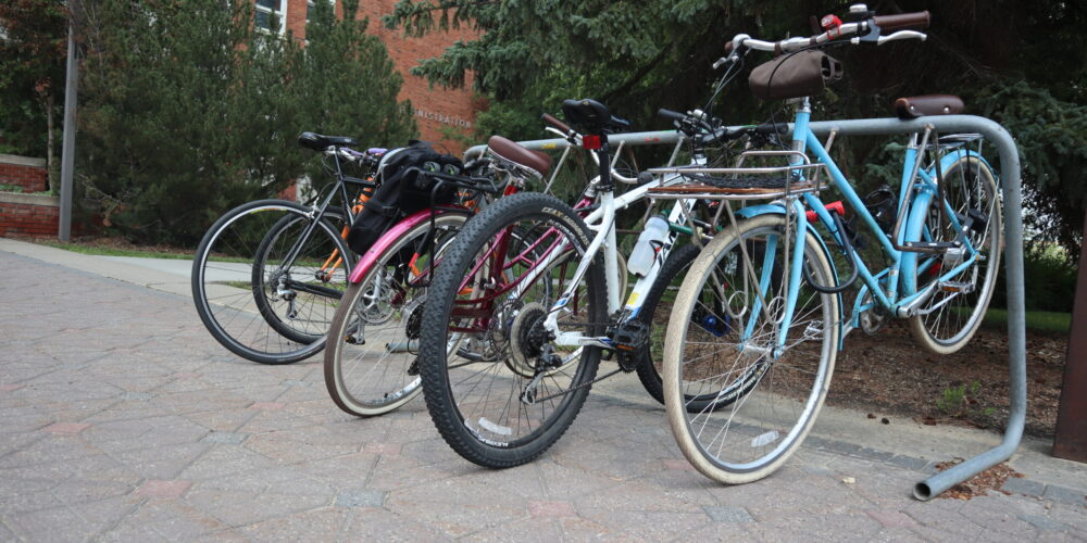 a bike rack full of bikes at the U of A campus