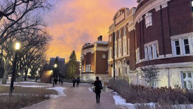 campus building sunset
